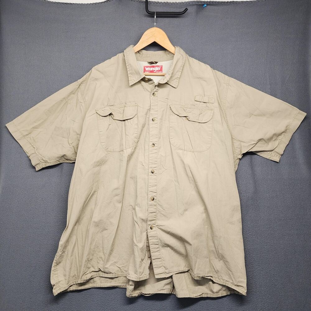Wrangler Shirt Mens 3XL Khaki Short Sleeve Button Front Pockets Workwear FLAW